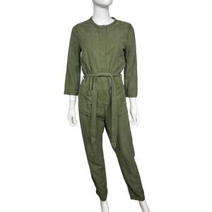 Cotelac Women's 1 Army Green Linen Blend Tie Snap Straight Leg Jumpsuit EUC